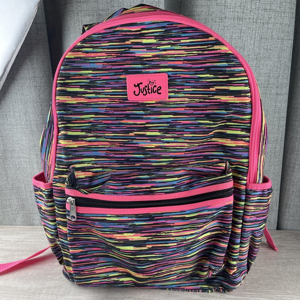 Justice Girls Neon Backpack Pink Multicolor Bookbag w/ 2 Side Pockets & Front